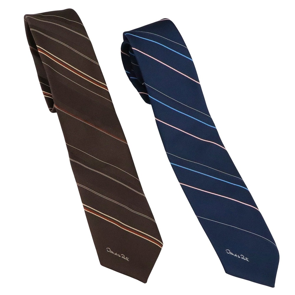 Vintage Oscar de la Renta Silk Neck Ties Navy Brown Stripe Classic 57" Set of 2